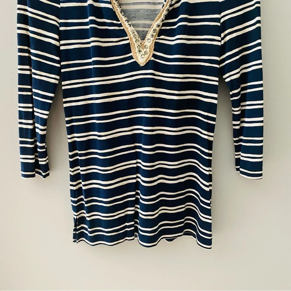Tory Burch Striped V-Neck Top Navy Blue/Cream Sz Small